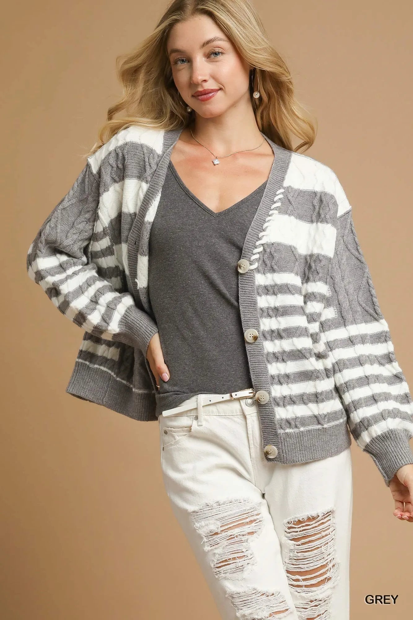 MPL Umgee Cable-Knit Stripe Button-Up Cardigan - $69.00 at West Path 