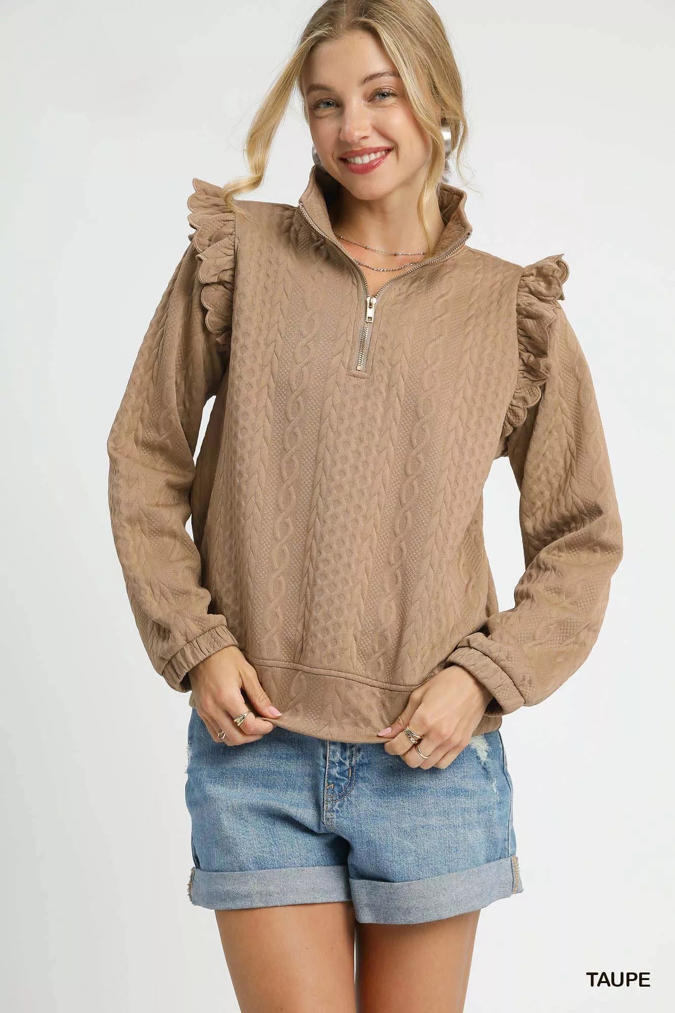 MPL Umgee Cable Knit Textured Pullover with Ruffle Shoulders - $66.00 at West Path 