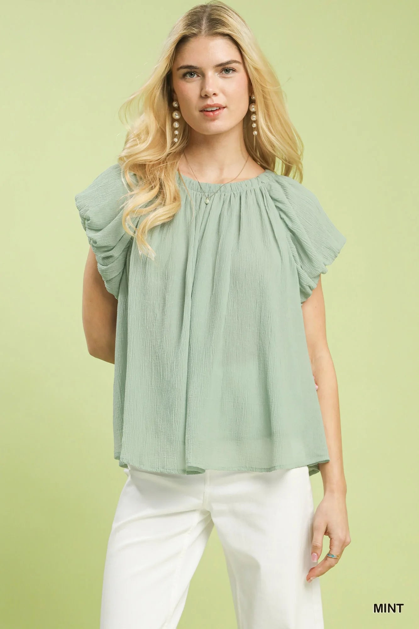 MPL Umgee Crinkle Flutter Sleeve Peasant Top in Mint - $57.00 at West Path 