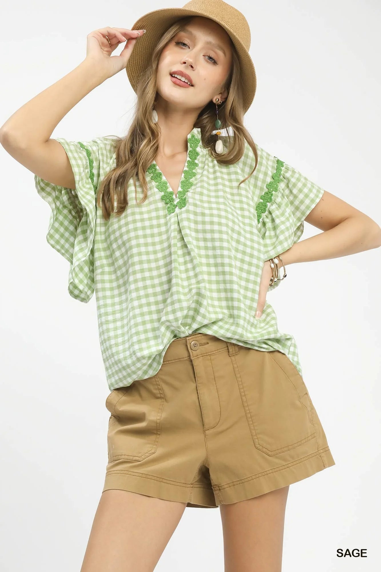 MPL Umgee Gingham Lace Trim Top in Sage - $55.00 at West Path 