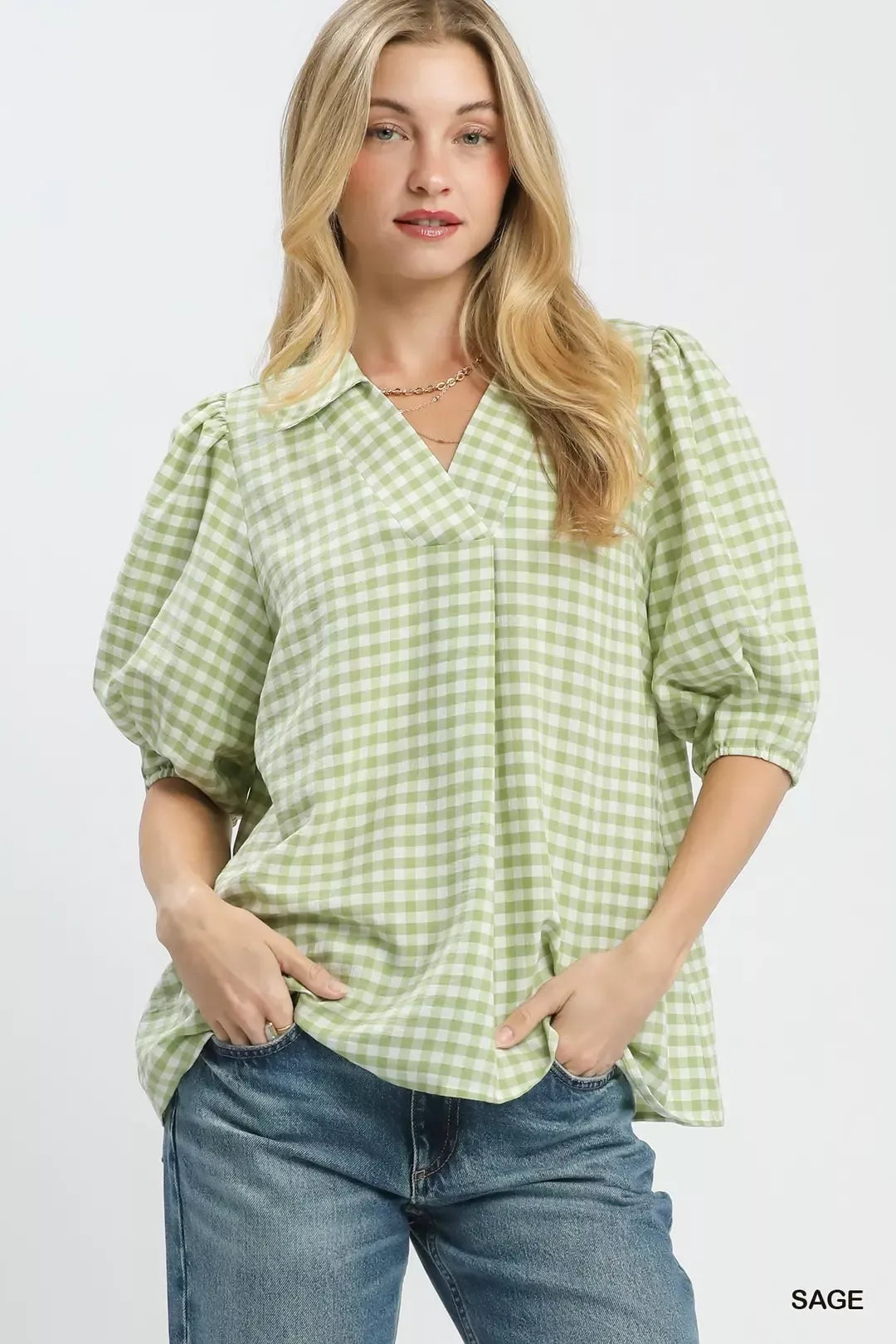 MPL Umgee Gingham Puff Sleeve Collared Blouse in Sage - $50.00 at West Path 