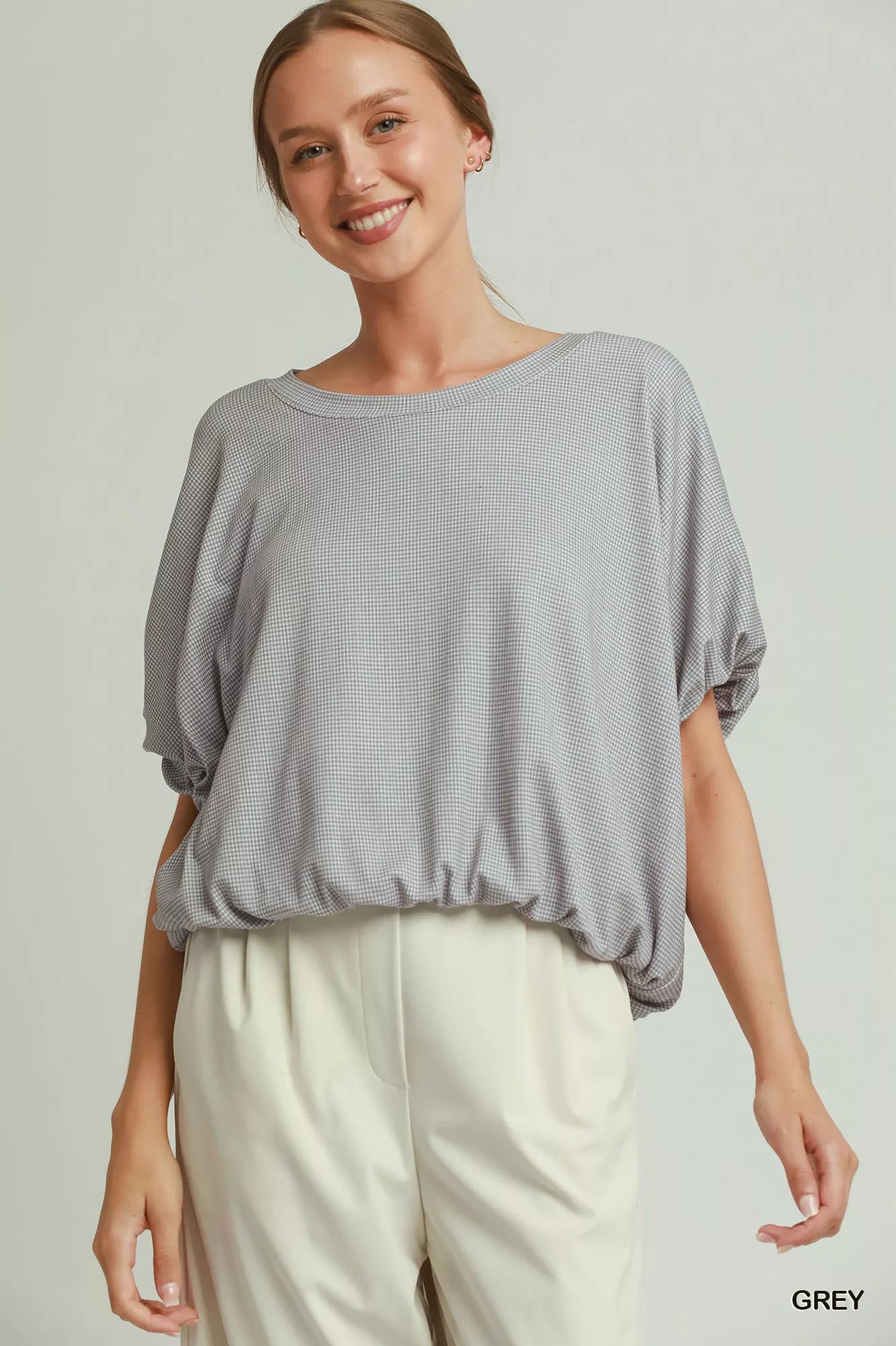MPL Umgee Mini Texture Checkered Bubble Hem Top in Grey - $55.00 at West Path 