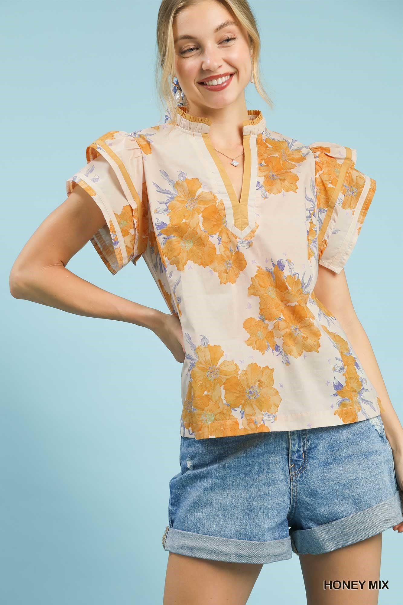 MPL Umgee Mix Floral Ruffle Sleeve Blouse in Honey - $53.00 at West Path 