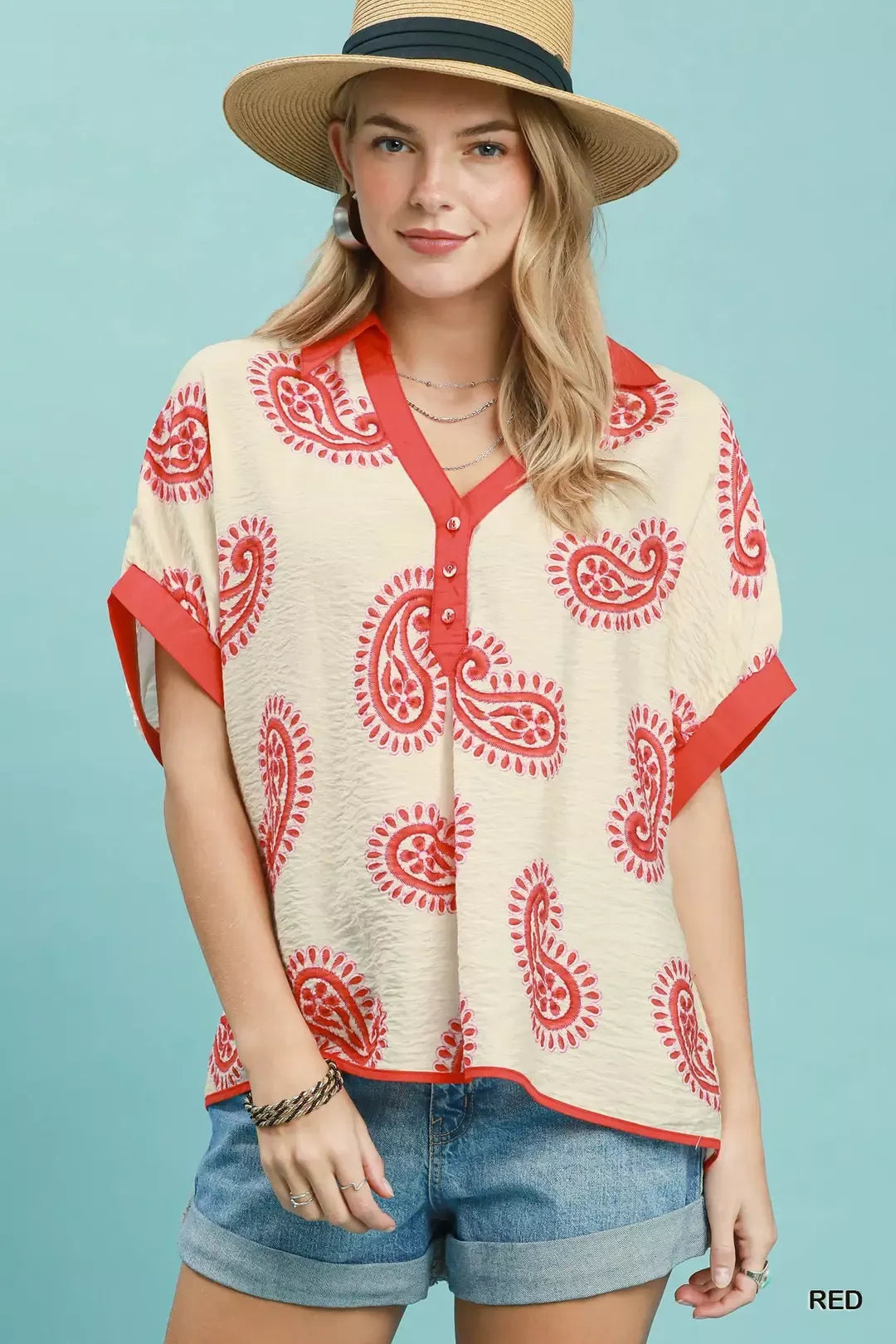 MPL Umgee Paisley Print Contrast Trim Top - $50.00 at West Path 