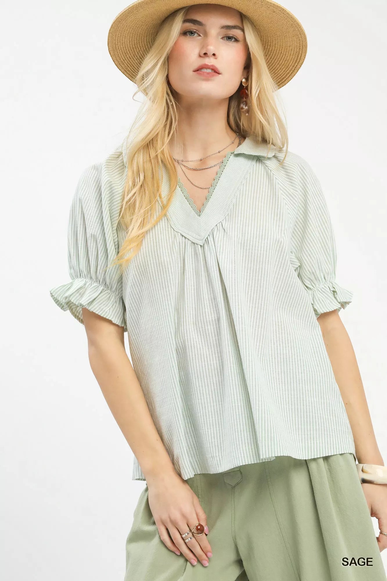 MPL Umgee Pinstripe V-Neck Ruffle Sleeve Blouse - $55.00 at West Path 