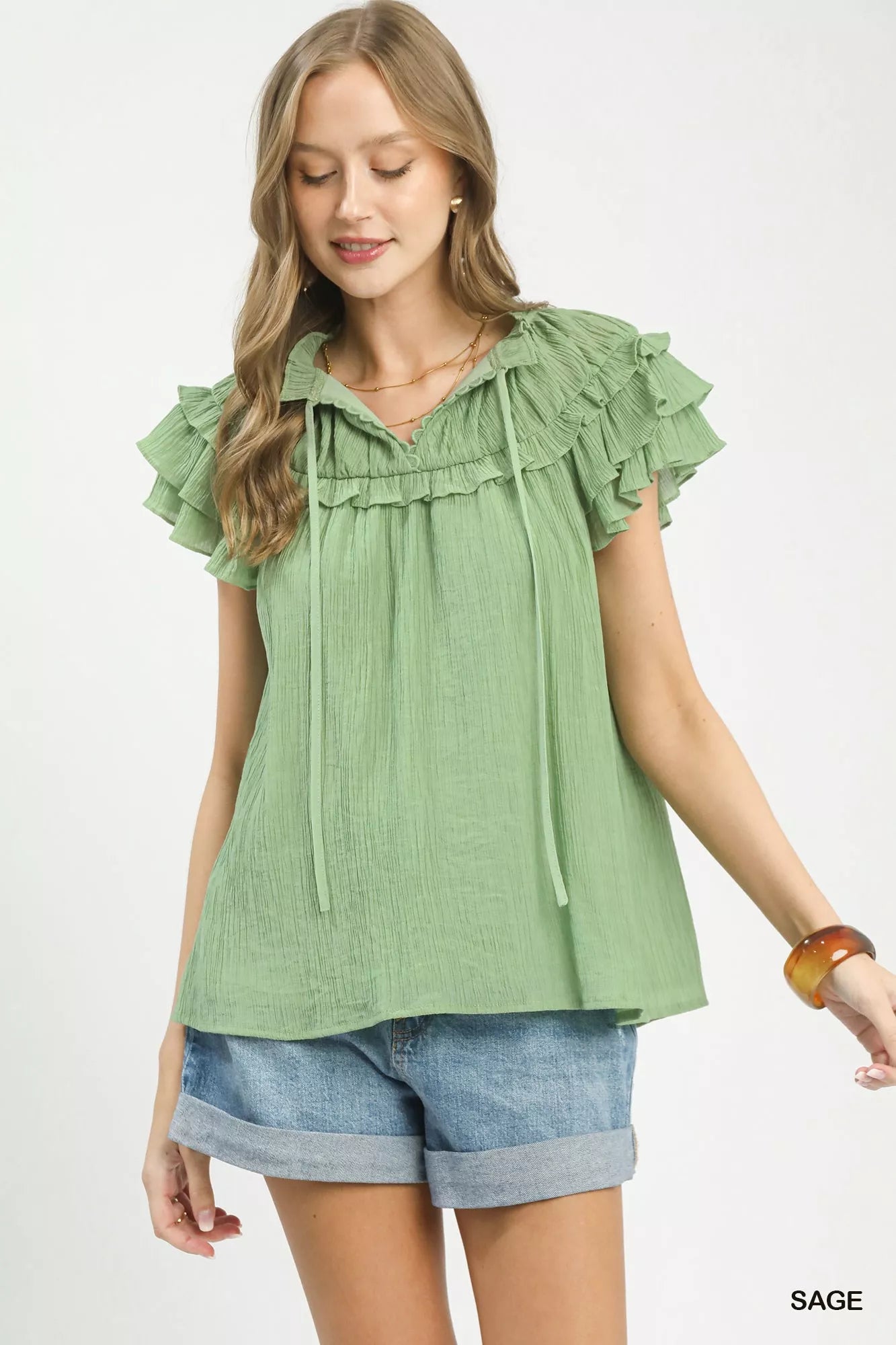 MPL Umgee Ruffled Flutter Sleeve Textured Blouse - $55.00 at West Path 