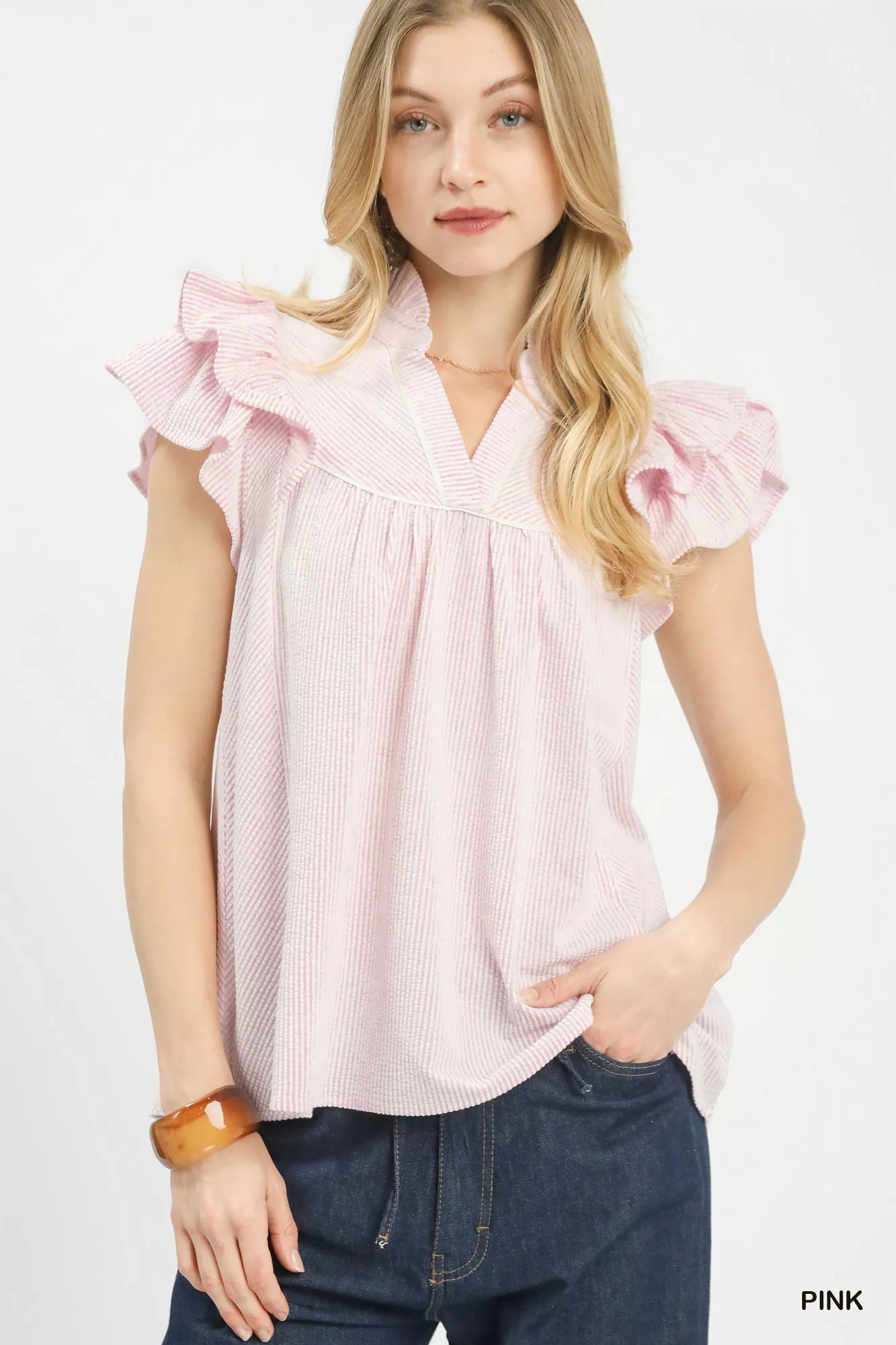 MPL Umgee Ruffled Sleeve Textured Blouse in Pink - $57.00 at West Path 