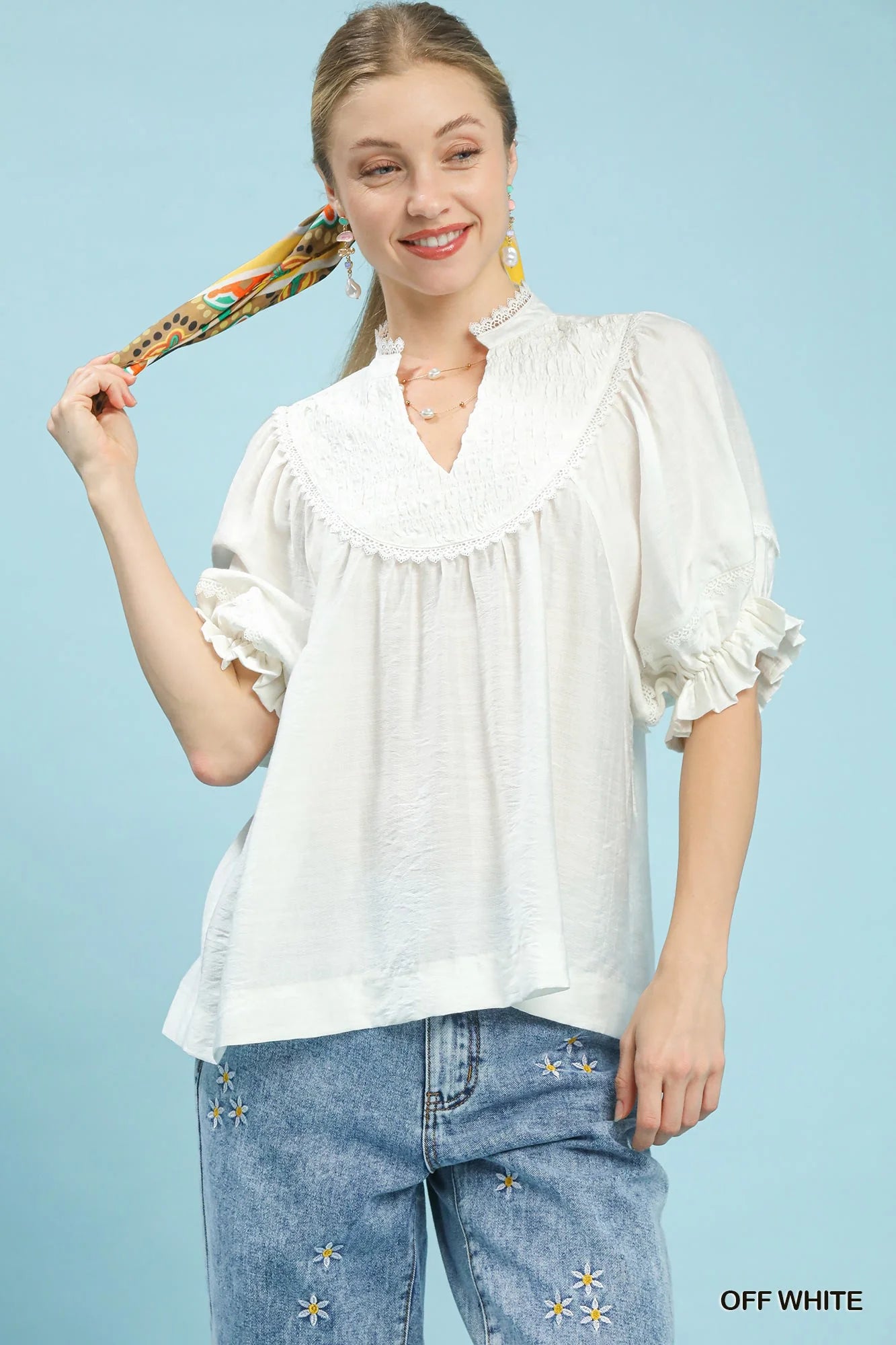 MPL Umgee Smocked Yoke Blouse with Ruffle Sleeves in Off White - $55.00 at West Path 