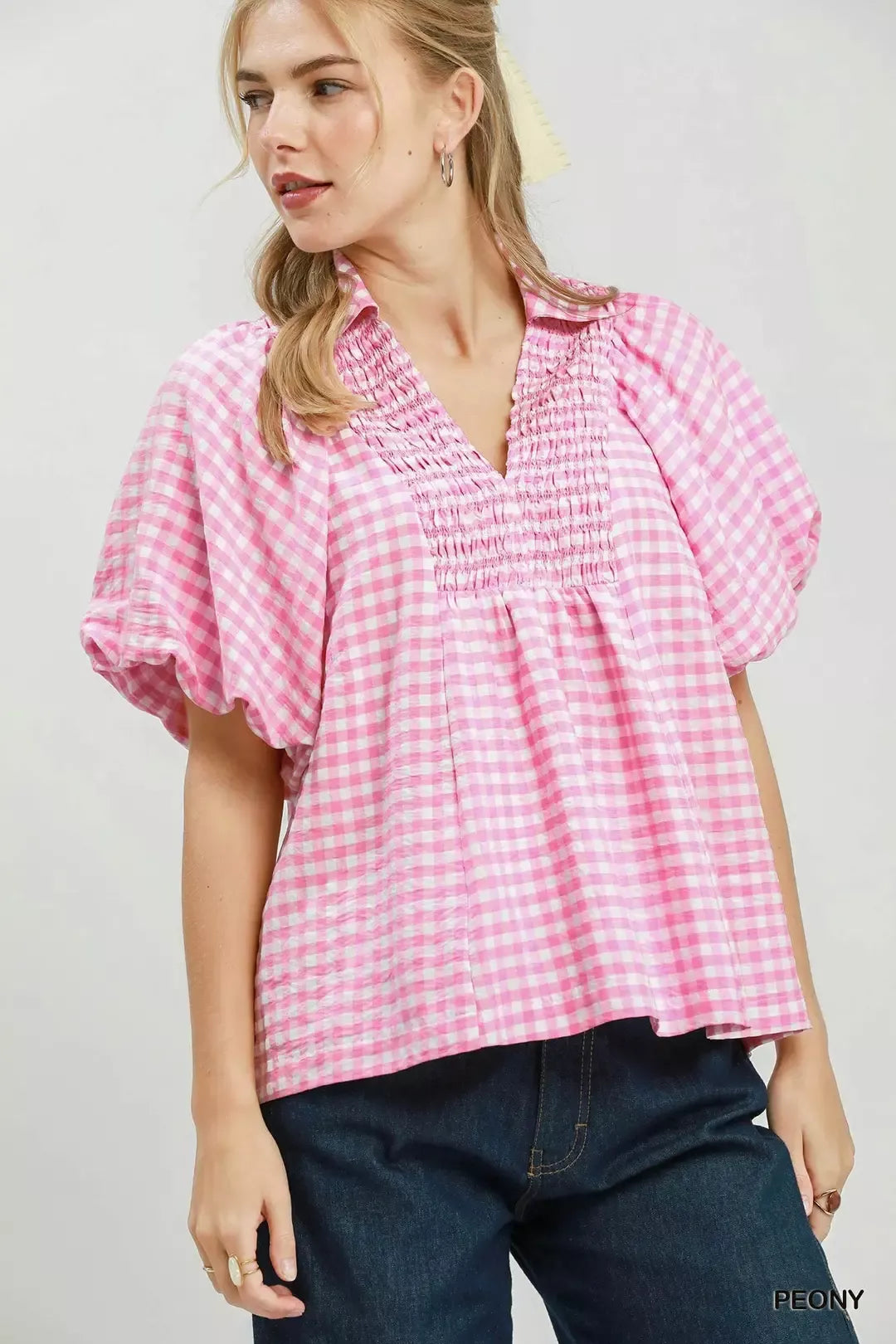 MPL Umgee Smocked Yoke Puff Sleeve Gingham Blouse in Peony - $60.00 at West Path 