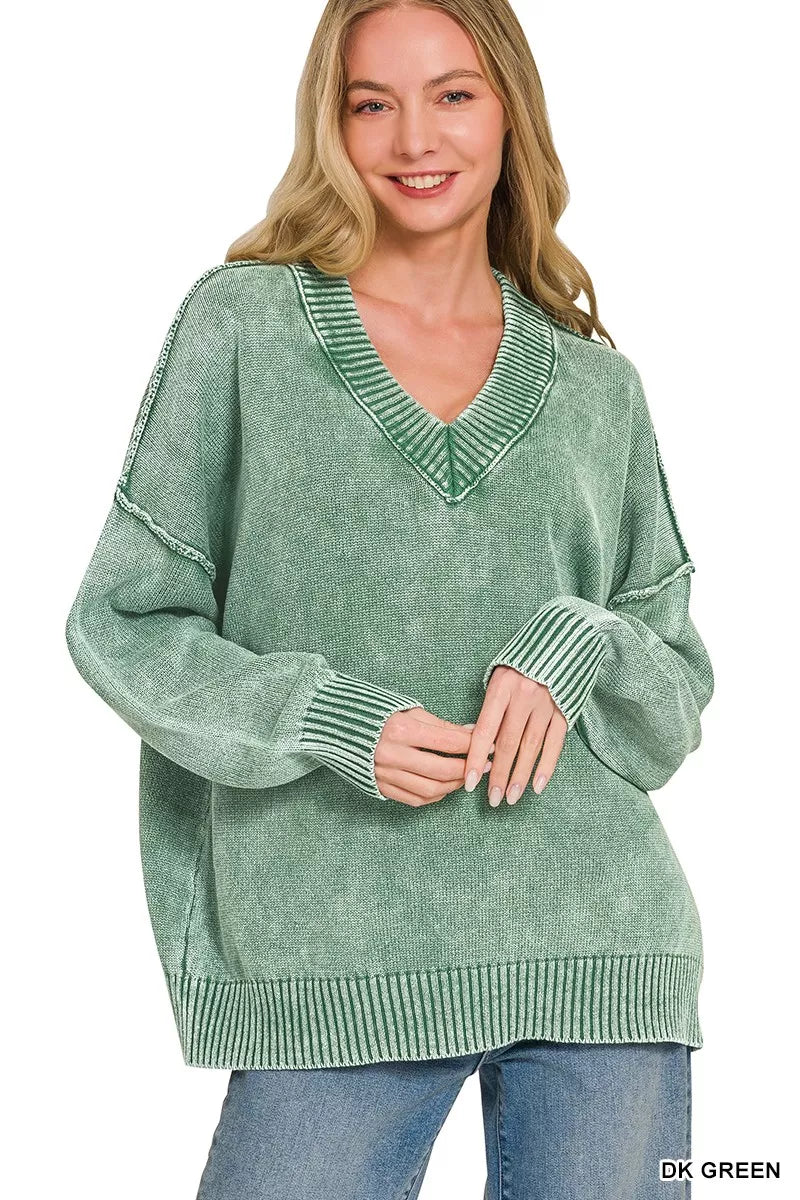 MPL Zenana Washed Deep V-neck Oversized Sweater - $47.00 at West Path 